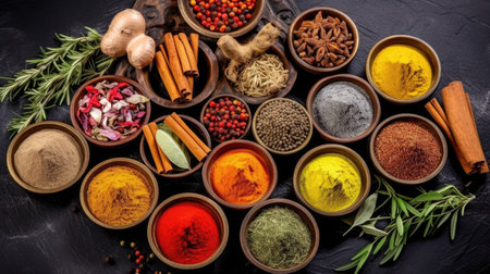Set of Spices and herbs for cooking. Small bowls with colorful seasonings and spices, basil, pepper, saffron, salt, paprika, turmeric on rustic wooden plank table background. Generative Aiの素材