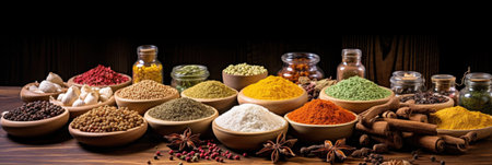 Set of Colourful spices on the table. Various Spices in on wooden background. Generative Aiの素材