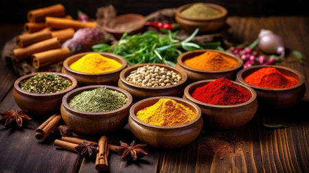 Set of Spices and herbs for cooking. Small bowls with colorful seasonings and spices, basil, pepper, saffron, salt, paprika, turmeric on rustic wooden plank table background. Generative Aiの素材