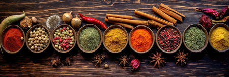 Set of Colourful spices on the table. Various Spices in on wooden background. Generative Aiの素材