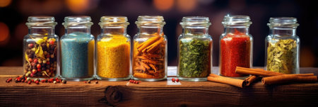 Set of Colourful spices on the table. Various Spices in on wooden background. Generative Aiの素材