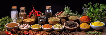 Set of Spices and herbs for cooking. Small bowls with colorful seasonings and spices, basil, pepper, saffron, salt, paprika, turmeric on rustic wooden plank table background. Generative Aiの素材