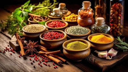 Set of Spices and herbs for cooking. Small bowls with colorful seasonings and spices, basil, pepper, saffron, salt, paprika, turmeric on rustic wooden plank table background. Generative Aiの素材