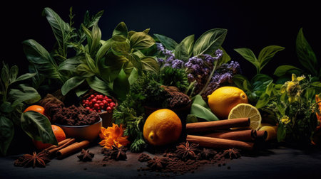 Colorful and aromatic herbs and spices on a dark background. Generative Aiの素材