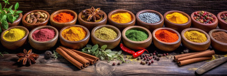 Set of Spices and herbs for cooking. Small bowls with colorful seasonings and spices, basil, pepper, saffron, salt, paprika, turmeric on rustic wooden plank table background. Generative Aiの素材