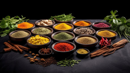 Set of Spices and herbs for cooking. Small bowls with colorful seasonings and spices, basil, pepper, saffron, salt, paprika, turmeric on rustic wooden plank table background. Generative Aiの素材