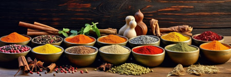 Set of Spices and herbs for cooking. Small bowls with colorful seasonings and spices, basil, pepper, saffron, salt, paprika, turmeric on rustic wooden plank table background. Generative Aiの素材