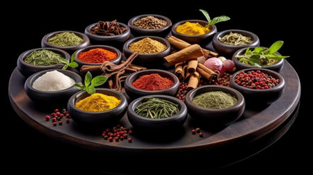 Set of Spices and herbs for cooking. Small bowls with colorful seasonings and spices, basil, pepper, saffron, salt, paprika, turmeric on rustic wooden plank table background. Generative Aiの素材