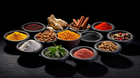 Set of Spices and herbs for cooking. Small bowls with colorful seasonings and spices, basil, pepper, saffron, salt, paprika, turmeric on rustic wooden plank table background. Generative Aiの素材