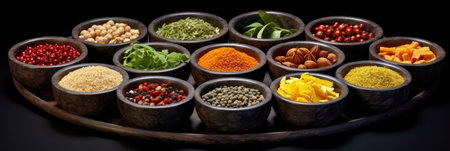 Set of Spices and herbs for cooking. Small bowls with colorful seasonings and spices, basil, pepper, saffron, salt, paprika, turmeric on rustic wooden plank table background. Generative Aiの素材