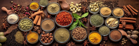 Set of Spices and herbs for cooking. Small bowls with colorful seasonings and spices, basil, pepper, saffron, salt, paprika, turmeric on rustic wooden plank table background. Generative Aiの素材