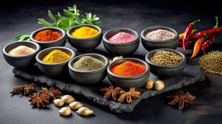 Set of Spices and herbs for cooking. Small bowls with colorful seasonings and spices, basil, pepper, saffron, salt, paprika, turmeric on rustic wooden plank table background. Generative Aiの素材