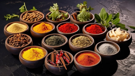 Set of Spices and herbs for cooking. Small bowls with colorful seasonings and spices, basil, pepper, saffron, salt, paprika, turmeric on rustic wooden plank table background. Generative Aiの素材
