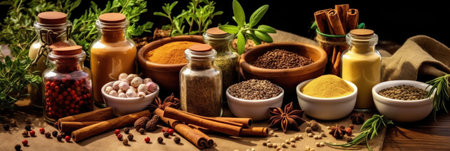Set of Spices and herbs for cooking. Small bowls with colorful seasonings and spices, basil, pepper, saffron, salt, paprika, turmeric on rustic wooden plank table background. Generative Aiの素材