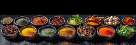 Set of Spices and herbs for cooking. Small bowls with colorful seasonings and spices, basil, pepper, saffron, salt, paprika, turmeric on rustic wooden plank table background. Generative Aiの素材