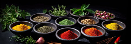 Set of Spices and herbs for cooking. Small bowls with colorful seasonings and spices, basil, pepper, saffron, salt, paprika, turmeric on rustic wooden plank table background. Generative Aiの素材