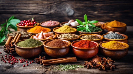 Set of Spices and herbs for cooking. Small bowls with colorful seasonings and spices, basil, pepper, saffron, salt, paprika, turmeric on rustic wooden plank table background. Generative Aiの素材