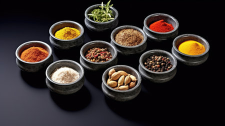 Set of Spices and herbs for cooking. Small bowls with colorful seasonings and spices, basil, pepper, saffron, salt, paprika, turmeric on rustic wooden plank table background. Generative Aiの素材