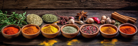 Set of Spices and herbs for cooking. Small bowls with colorful seasonings and spices, basil, pepper, saffron, salt, paprika, turmeric on rustic wooden plank table background. Generative Aiの素材