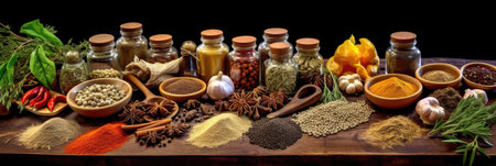 Set of Spices and herbs for cooking. Small bowls with colorful seasonings and spices, basil, pepper, saffron, salt, paprika, turmeric on rustic wooden plank table background. Generative Aiの素材