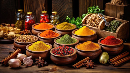 Set of Spices and herbs for cooking. Small bowls with colorful seasonings and spices, basil, pepper, saffron, salt, paprika, turmeric on rustic wooden plank table background. Generative Aiの素材