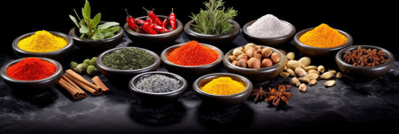 Set of Spices and herbs for cooking. Small bowls with colorful seasonings and spices, basil, pepper, saffron, salt, paprika, turmeric on rustic wooden plank table background. Generative Aiの素材