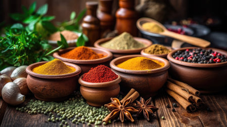 Set of Spices and herbs for cooking. Small bowls with colorful seasonings and spices, basil, pepper, saffron, salt, paprika, turmeric on rustic wooden plank table background. Generative Aiの素材