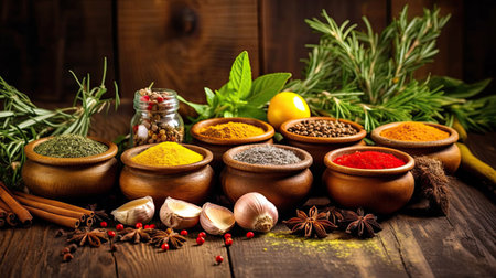 Set of Spices and herbs for cooking. Small bowls with colorful seasonings and spices, basil, pepper, saffron, salt, paprika, turmeric on rustic wooden plank table background. Generative Aiの素材