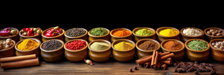 Set of Spices and herbs for cooking. Small bowls with colorful seasonings and spices, basil, pepper, saffron, salt, paprika, turmeric on rustic wooden plank table background. Generative Aiの素材
