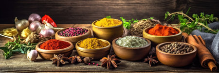 Set of Spices and herbs for cooking. Small bowls with colorful seasonings and spices, basil, pepper, saffron, salt, paprika, turmeric on rustic wooden plank table background. Generative Aiの素材