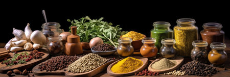 Set of Spices and herbs for cooking. Small bowls with colorful seasonings and spices, basil, pepper, saffron, salt, paprika, turmeric on rustic wooden plank table background. Generative Aiの素材
