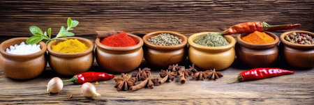Set of Spices and herbs for cooking. Small bowls with colorful seasonings and spices, basil, pepper, saffron, salt, paprika, turmeric on rustic wooden plank table background. Generative Aiの素材