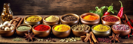 Set of Spices and herbs for cooking. Small bowls with colorful seasonings and spices, basil, pepper, saffron, salt, paprika, turmeric on rustic wooden plank table background. Generative Aiの素材