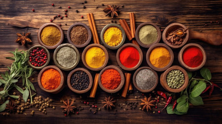 Set of Spices and herbs for cooking. Small bowls with colorful seasonings and spices, basil, pepper, saffron, salt, paprika, turmeric on rustic wooden plank table background. Generative Aiの素材