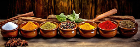 Set of Spices and herbs for cooking. Small bowls with colorful seasonings and spices, basil, pepper, saffron, salt, paprika, turmeric on rustic wooden plank table background. Generative Aiの素材