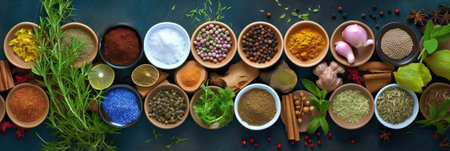 Top view of Colourful background from various herbs and spices for cooking in bowls. Generative Aiの素材