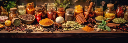 Spices and herbs panoramic background. various seasonings are scattered on table. Spices and herbs for cooking. Generative Aiの素材