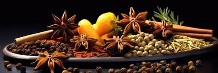 Set of Traditional spices anise, star anise. Ingredients for cooking many dishes. Spices and herbs for cooking. Generative Aiの素材