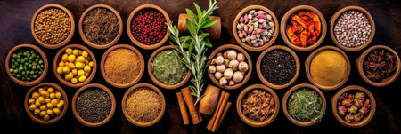 Top view of Colourful background from various herbs and spices for cooking in bowls. Generative Aiの素材