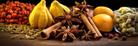 Set of Traditional spices anise, star anise. Ingredients for cooking many dishes. Spices and herbs for cooking. Generative Aiの素材