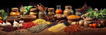 Spices and herbs panoramic background. various seasonings are scattered on table. Spices and herbs for cooking. Generative Aiの素材