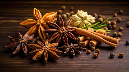 Traditional spices anise, star anise. Ingredients for cooking many dishes. Spices and herbs for cooking. Generative Aiの素材