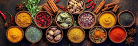 Top view of Colourful background from various herbs and spices for cooking in bowls. Generative Aiの素材