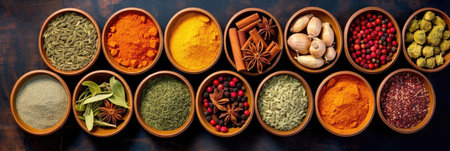 Top view of Colourful background from various herbs and spices for cooking in bowls. Generative Aiの素材
