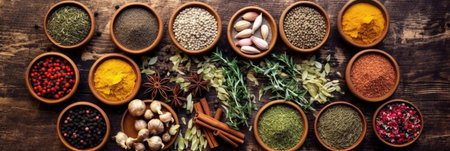 Top view of Colourful background from various herbs and spices for cooking in bowls. Generative Aiの素材