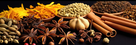 Set of Traditional spices anise, star anise. Ingredients for cooking many dishes. Spices and herbs for cooking. Generative Aiの素材