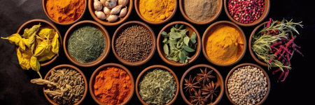 Top view of Colourful background from various herbs and spices for cooking in bowls. Generative Aiの素材