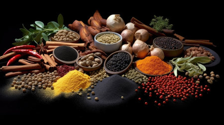 Variety of spices and herbs on black background. Generative Aiの素材