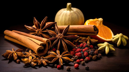 Traditional spices anise, star anise. Ingredients for cooking many dishes. Spices and herbs for cooking. Generative Aiの素材