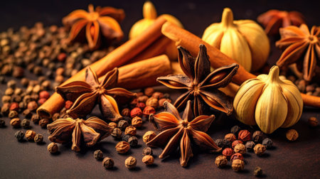 Traditional spices anise, star anise. Ingredients for cooking many dishes. Spices and herbs for cooking. Generative Aiの素材